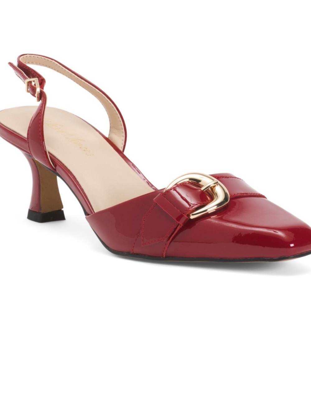 For Love And Lemons Red Patent Slingback Heels with Gold Buckle EU 37 / US 7